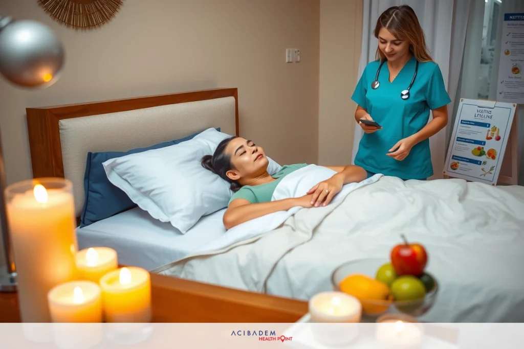 A nurse administers a bedside check-up to a patient. The patient is comfortably lying on a hospital bed with fruit arranged around the room for ambiance.