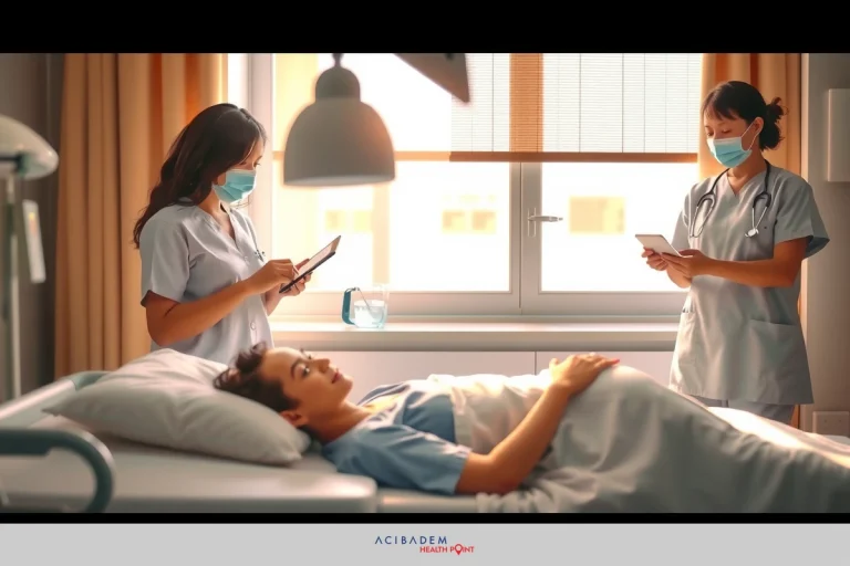 Two nurses in a hospital room attending to a patient lying on a bed. One nurse is checking the patient's vital signs, while the other is consulting her tablet or smartphone, possibly for medical information.