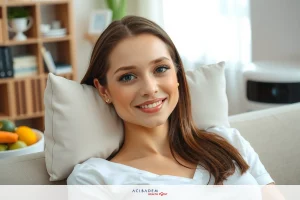 The image shows a woman sitting in what appears to be a modern living room, smiling and looking towards the camera. She is wearing a white top. There's a bowl with fruits, suggesting a casual, comfortable environment possibly during a wellness or health-related activity.