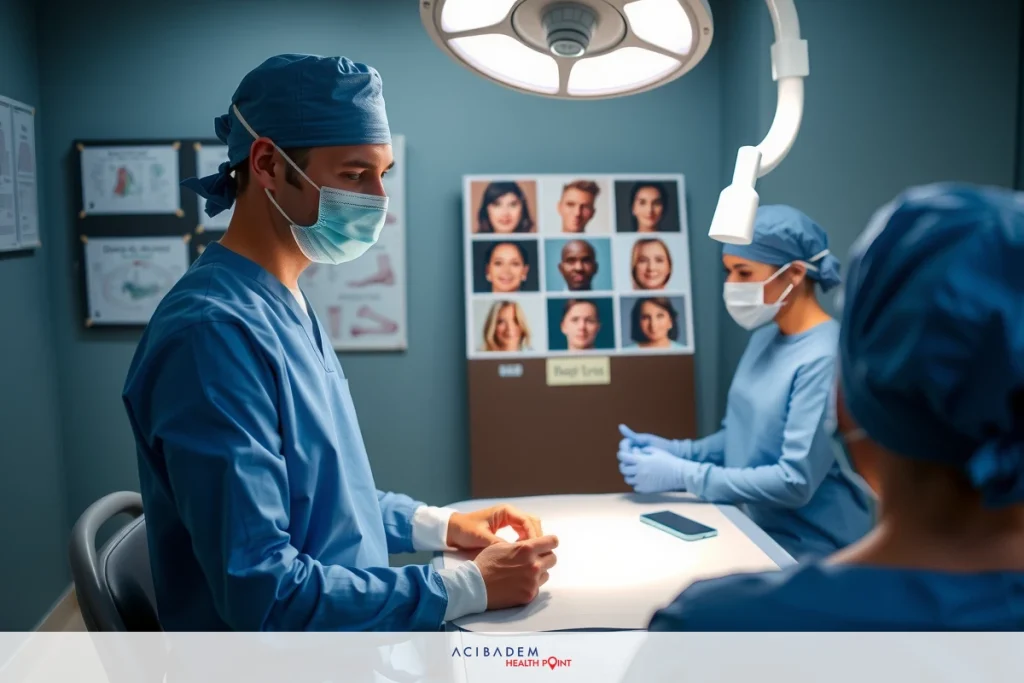 What Can Affect Rhinoplasty Results The image shows a group of medical professionals, likely surgeons and nurses, gathered in an operating room. They are all wearing surgical gowns and face masks, indicating the sterile environment required for surgery. The central figure appears to be presenting or demonstrating something on a patient's photo or image, possibly planning a medical procedure. There is equipment typically found in an operating theatre visible around them.