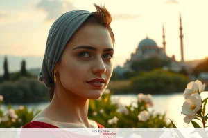 A young woman wearing a headscarf smiles towards the camera, standing in front of a picturesque garden. The background features an iconic mosque and a clear sky at sunset.