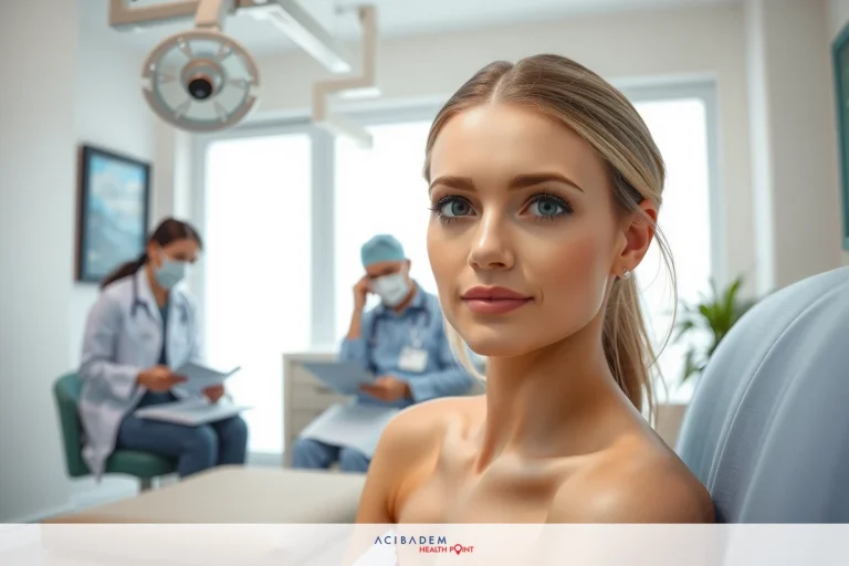 How Much Does Rhinoplasty Cost in Vancouver BC This image depicts a woman seated in what appears to be a medical setting, possibly a doctor's office or examination room. She is looking directly at the camera with a neutral expression. In the background, there are two individuals dressed in medical attire.
