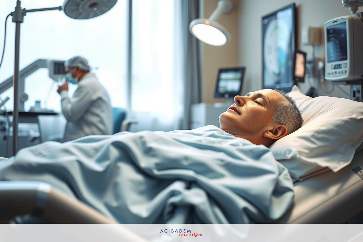Hospital room with medical professionals and a patient in recovery. The environment indicates care and treatment.