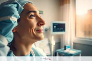 The image shows a person wearing surgical scrubs, smiling towards the camera with their hands raised near their face. They are in what appears to be a hospital room or medical facility.