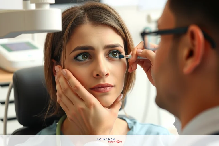 A woman is receiving an eye examination at a medical office. The optometrist is using tools to assess her vision.