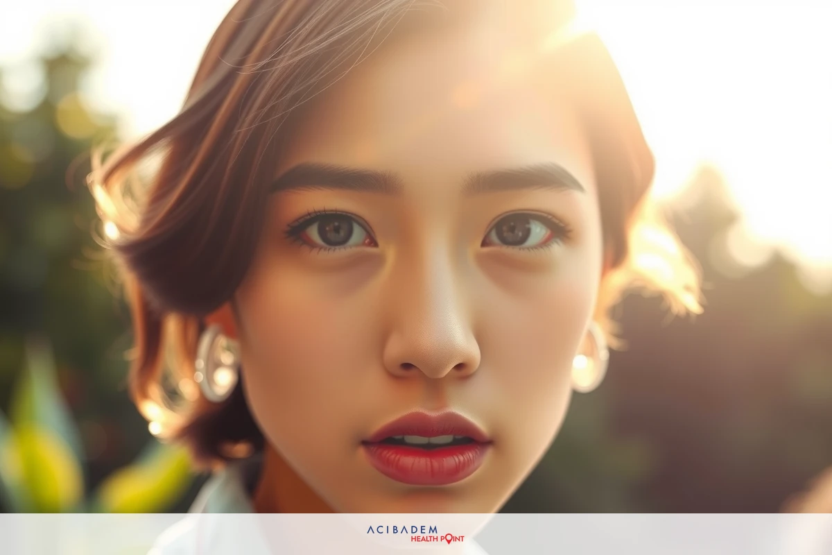 The image features a young woman with medium length hair looking directly at the camera. Her expression is neutral, and she appears to be wearing light makeup.