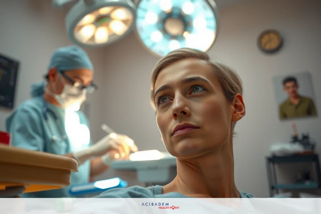 The image shows a woman undergoing surgery in an operating room. She is sitting, and a surgeon is performing the procedure at a table with medical equipment and instruments around them.