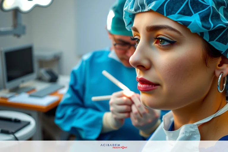 How Much to Rhinoplasty Cost The image features a woman with a medical mask on her face, sitting in an operating room. She appears to be the patient receiving rhinoplasty. There is also another person in surgical attire present behind her, likely plastic surgeon performing the procedure.