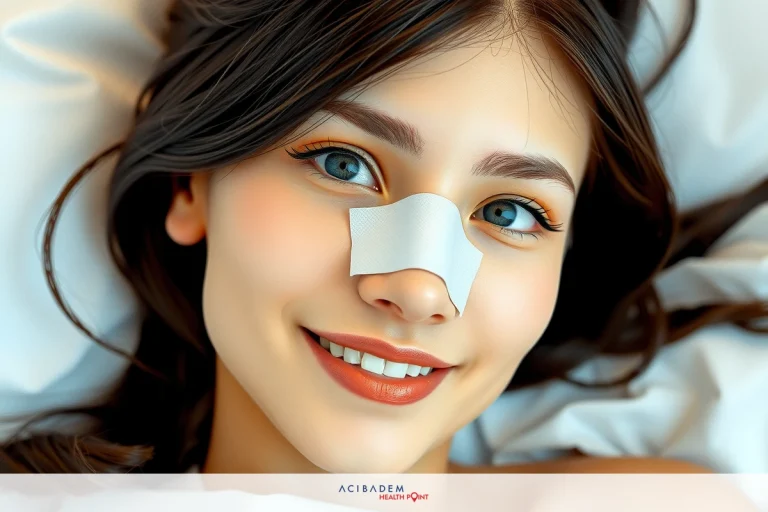 Do I Need to Stay in Hospital After Rhinoplasty The image features a woman lying down. The focus is on her face with an intimate close-up. She has a glamorous makeup look, emphasizing her eyes and lips.