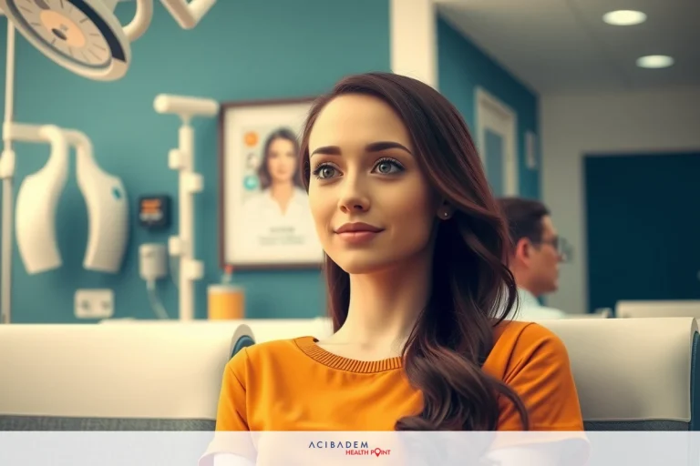 A young woman with long hair sits in a medical office chair. She is wearing an orange shirt and appears to be waiting, possibly for an appointment.