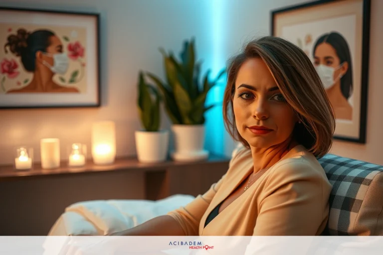 The image shows a woman seated on what appears to be a couch in an indoor setting. She is wearing a light-colored top and has a neutral expression on her face. The room includes decorative items such as potted plants, framed artwork, and candles that suggest a cozy or relaxed atmosphere.