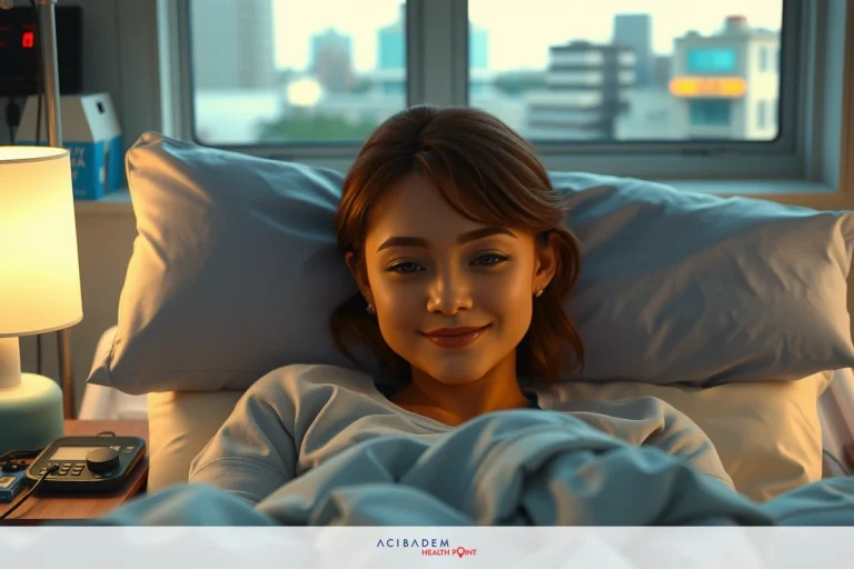 The image shows a woman lying in bed with her eyes closed, appearing relaxed or possibly asleep. The setting seems to be an indoor room with natural light coming through the window.