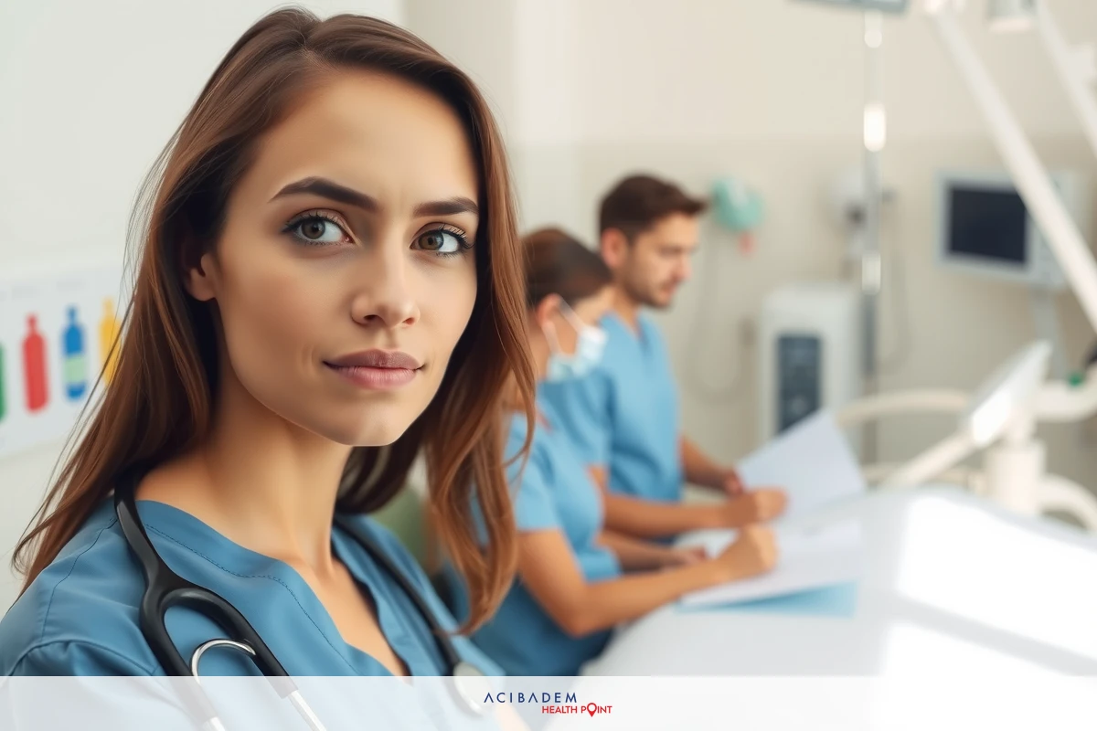 In the image, a medical professional is attentively observing a patient during a medical examination. The setting appears to be a hospital or clinical environment with medical equipment and charts visible in the background.
