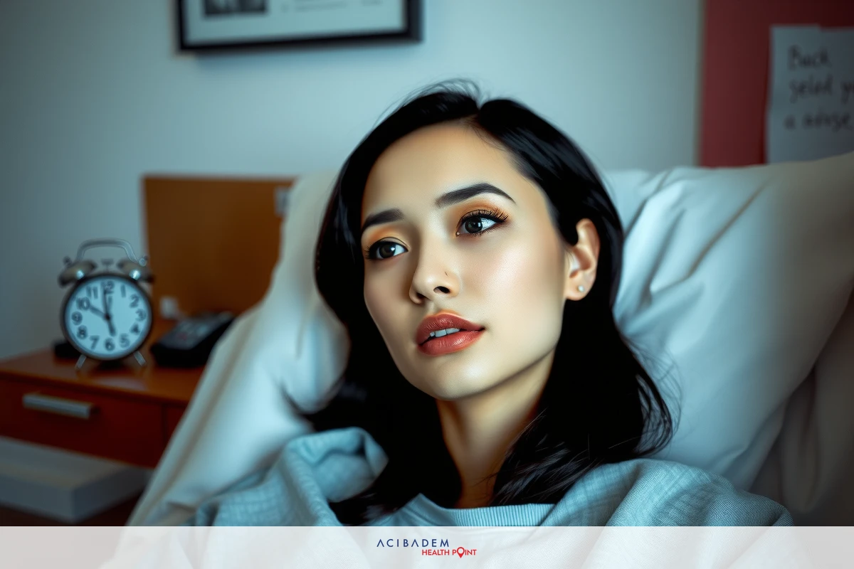 In the image, there is a woman in a hospital room. Her attire consists of casual clothing, indicating a relaxed environment. The room contains common hospital furnishings.