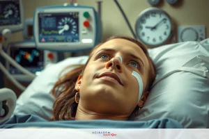 In the image, we see a medical setting with an individual lying on a hospital bed. The patient is hooked up to various medical devices that are typically used for monitoring and treating patients.