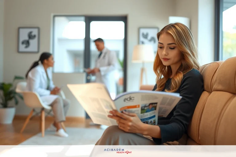 A woman is seated comfortably on a couch, reading a magazine or brochure. She appears engaged with the content. In the background, there are several other people who appear to be professionals or consultants in a modern office setting.