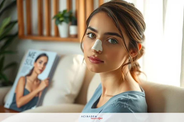 The image shows a woman in an indoor setting, sitting on a couch. She has her hair pulled back and is wearing a light blue top. Her facial expression appears to be one of contemplation or possibly she's in the middle of a skincare routine as indicated by the presence of a facial mask.