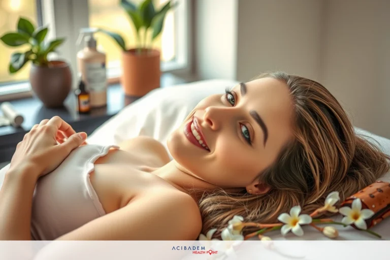 The image shows a woman reclined on a massage table, appearing relaxed and enjoying her time. She is wearing a white top and has her hair styled up. The environment suggests a spa setting with plants and natural elements creating a calming atmosphere.