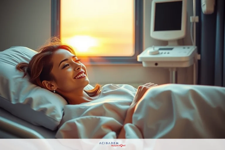 A woman is seen smiling while lying in a hospital bed during sunset, with warm lighting creating a serene atmosphere. The image is likely to convey themes of positivity and hope during healthcare situations.
