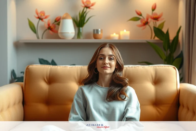 Is Ultrasonic Rhinoplasty Real? A woman wearing a grey sweatshirt sitting on a couch. The room has warm lighting and decorative elements such as potted plants.