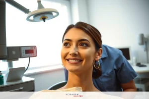 A woman is sitting in a medical chair, smiling towards the camera with her head tilted slightly upwards. She has brown hair and is wearing a white gown.