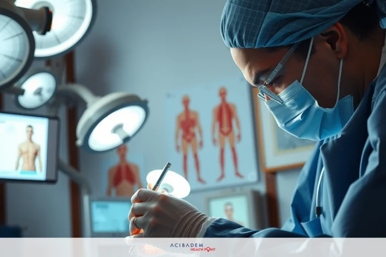 A healthcare professional in full protective attire, including a surgical mask and gloves, is conducting an examination or procedure on a patient. The setting appears to be a medical office with medical equipment such as scopes, monitors, and diagrams visible around them.