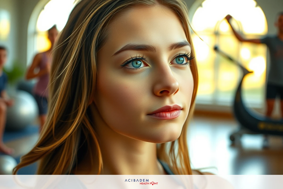 The image features a woman in an indoor gym setting. She is dressed in athletic attire, possibly engaged in or preparing for an exercise session. Her eyes are looking to the side and she appears focused or contemplative.