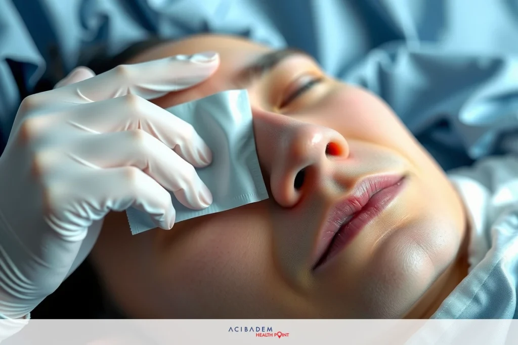 Close-up image of man undergoing medical procedure with gloved hand on his face, possibly during surgery or cosmetic treatment.