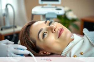 The image shows a person lying on an examination chair. The individual appears to be receiving rhinoplasty.