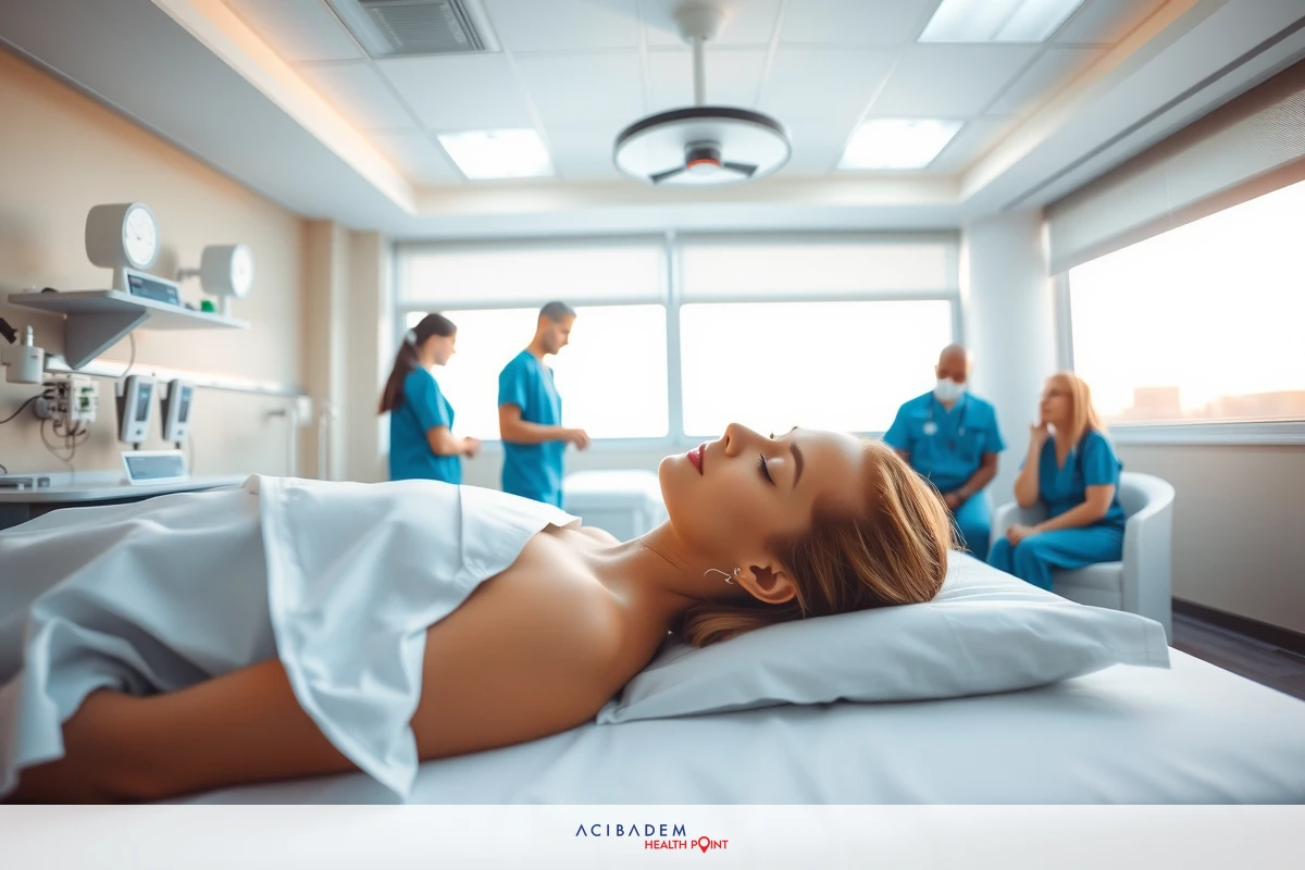 This image depicts a medical scene with a woman lying in a hospital bed. She appears to be hooked up to medical devices. There are medical professionals standing beside her, monitoring her condition and providing treatment.