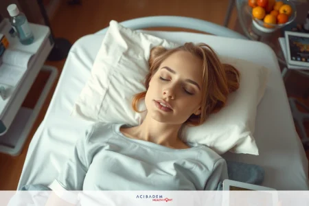 The image features a woman lying on her side in a hospital bed. She appears relaxed, possibly sleeping or resting with her eyes closed.