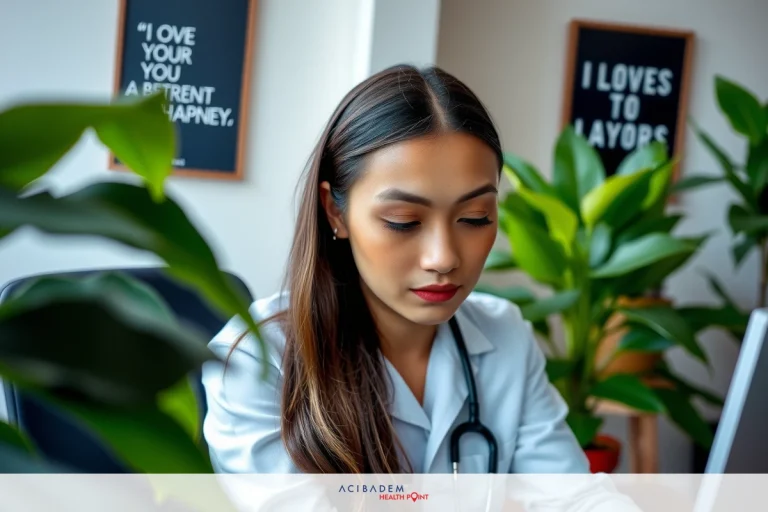 How Much Time Take Off Work Rhinoplasty The image shows a woman in a professional setting, likely an office. She appears to be dressed in medical attire and is seated at a desk with a computer on it.