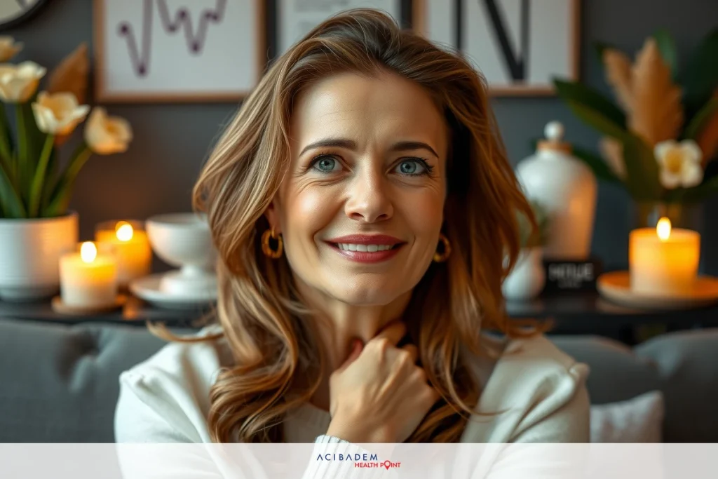 How Much Does Rhinoplasty And Chin Implant Cost? Smiling woman sitting on a couch, with candles behind her, suggesting a cozy and warm atmosphere.
