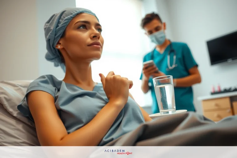 A medical professional in scrubs, using a stethoscope and taking notes on a tablet while attending to a patient. The patient is lying down in a hospital bed.