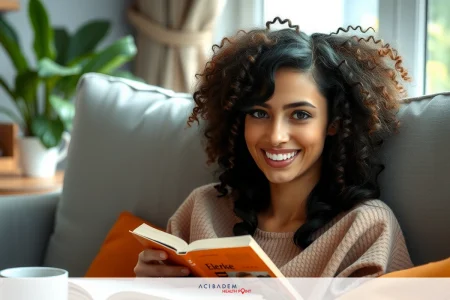 Does Swelling in Your Nose After Rhinoplasty Go Down Evenly? The image shows a woman sitting on a couch, smiling at the camera. She is wearing a knit sweater and holding a book in her hand. Her hair is styled into curls and she appears to be relaxed while reading the book.