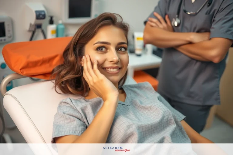 In the image, there is a young woman lying on a hospital bed with medical equipment around her. She has a smile on her face and appears to be at ease. Standing next to her, a medical professional is observing and attending to the patient.