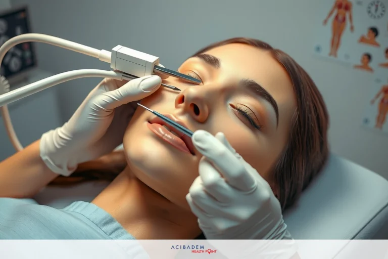 The image shows a woman seated in what appears to be a medical office. Her eyes closed, which suggests she may be receiving some form of treatment or procedure such as an nose examination.