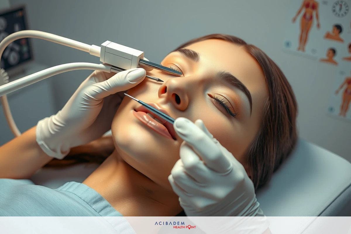 The image shows a woman seated in what appears to be a medical office. Her eyes closed, which suggests she may be receiving some form of treatment or procedure such as an nose examination.