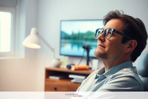 The image features a man sitting at a desk in an office setting. He is wearing glasses and appears to be focused on something outside the frame. The room has a modern design with wooden furniture and contemporary decor. His attire evokes a professional work environment.