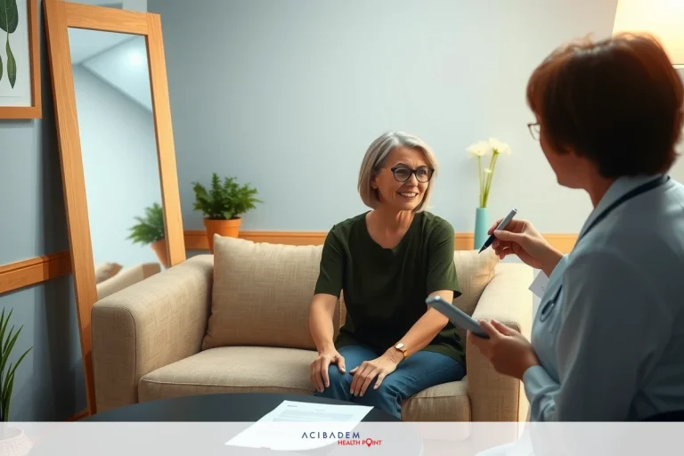 A woman sitting on a couch in a living room, engaging in a conversation with another person. The woman is wearing glasses and smiling, suggesting a friendly or informative discussion. The room has neutral tones, including the couch which matches the wall color, and there are potted plants adding a touch of greenery to space.