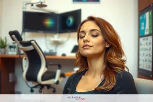 A woman seated in a modern office chair with her eyes closed, seemingly relaxed or meditating. The environment suggests a tech-oriented workspace with monitors and computers visible.