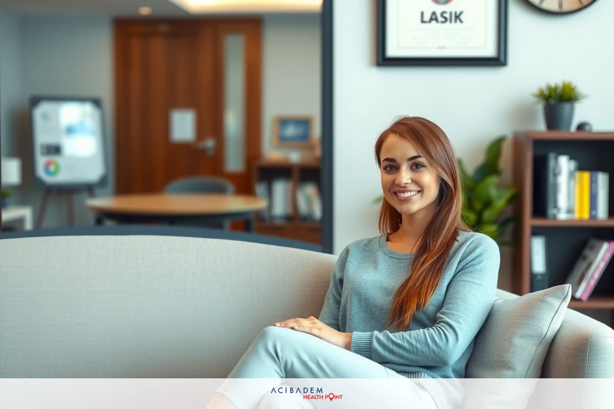 A confident woman in a corporate office environment, sitting comfortably on a couch. She is wearing professional attire and has a bright smile.