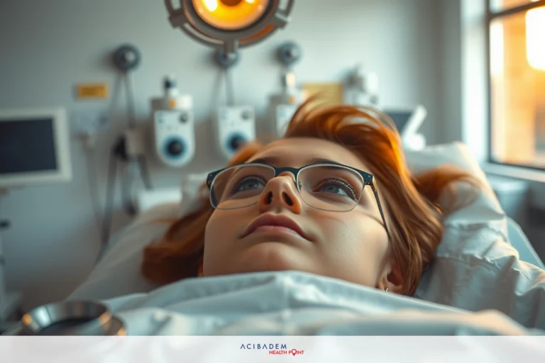 What’s LASIK Eye Surgery The image depicts a woman in a hospital setting. She is lying on an examination table with medical equipment around her, including what appears to be a vital signs monitor. Her expression is neutral, suggesting that she may be undergoing medical testing or observation.