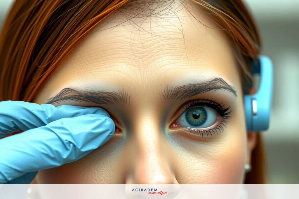A close-up image of a person's eye with eyelash extensions, focusing on the eye and the surrounding area. The eye is brightly colored against a neutral background.