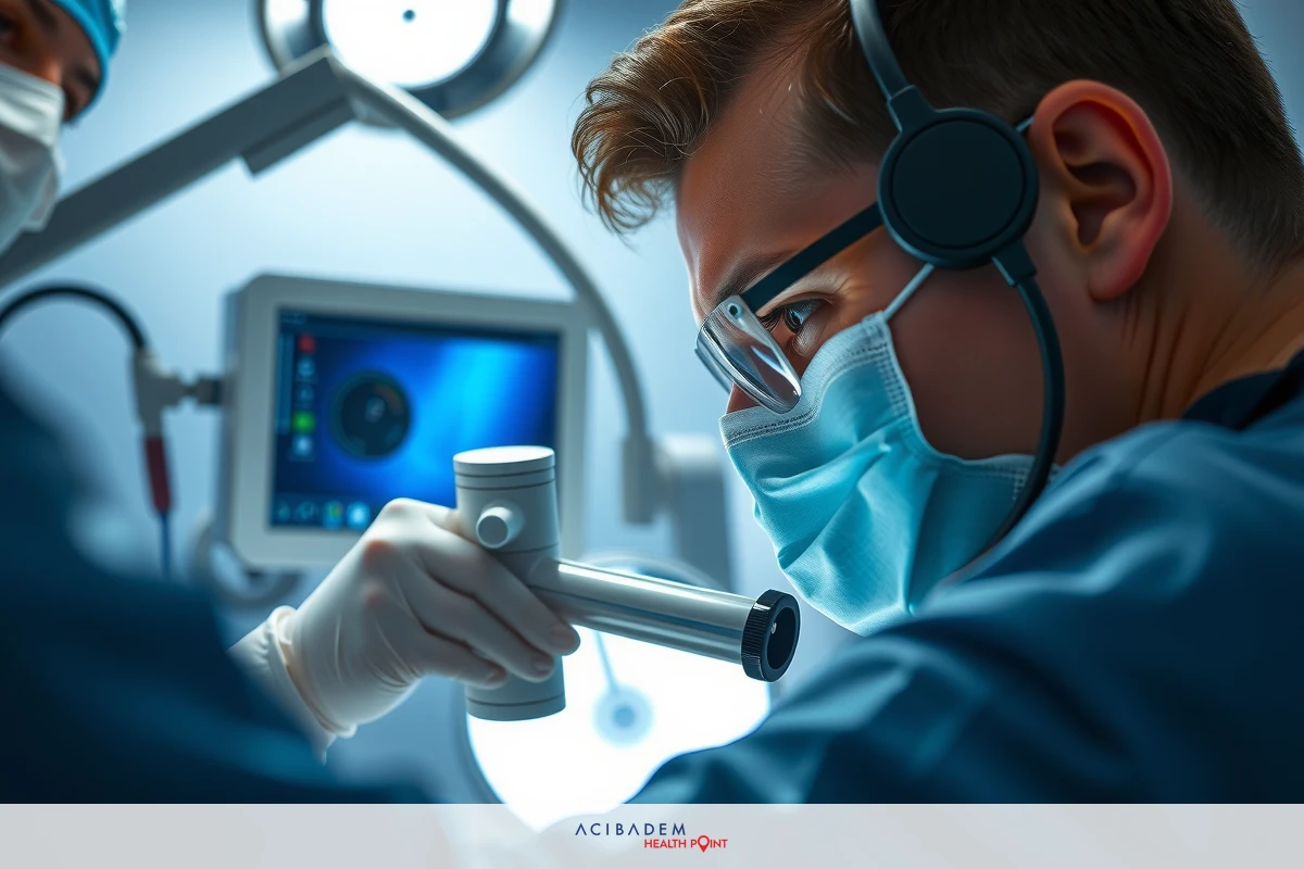 Two surgeons in a sterile environment, performing surgery. They are wearing masks and gloves to maintain hygiene, indicating that this is a medical procedure taking place in an operating room.