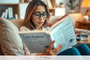 A woman is seated on a couch, engrossed in reading an open book. She has her legs crossed and is holding the book with both hands. The room has a comfortable atmosphere, with soft lighting illuminating the space. There's a potted plant adding a touch of greenery to the scene.