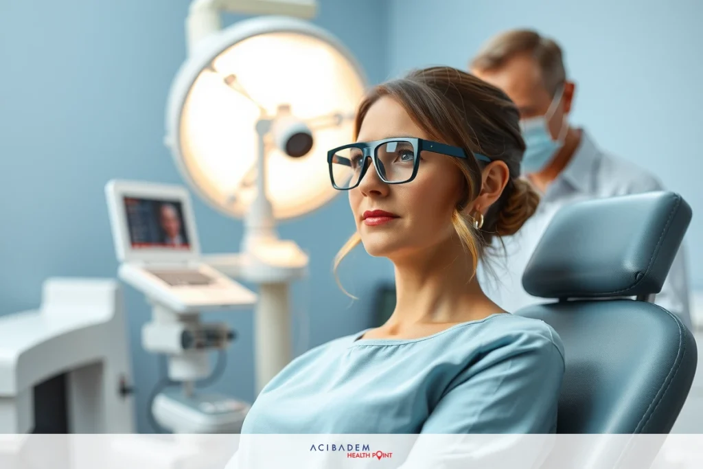 A woman is seated in the doctor chair, wearing blue scrubs and glasses. The doctor is standing beside her, also wearing protective gear.