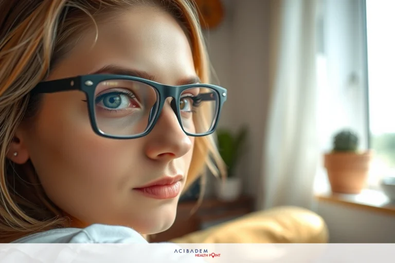 The image features a woman looking directly at the camera. She has blonde hair and is wearing glasses.