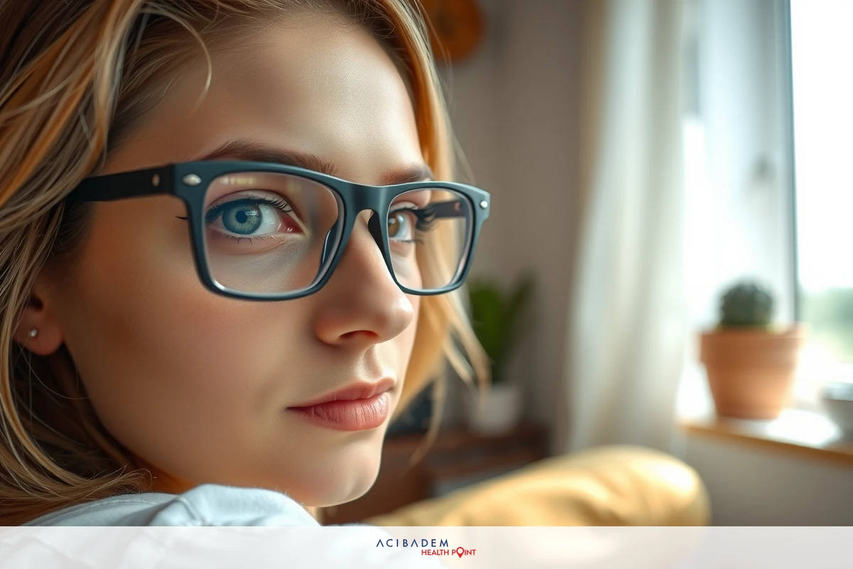 The image features a woman looking directly at the camera. She has blonde hair and is wearing glasses.