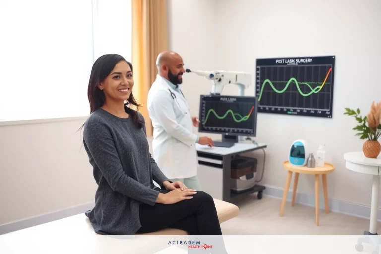 This image portrays a woman and a man in what appears to be a medical office setting. The woman is sitting on an examination table, likely waiting for her appointment or receiving attention from the man standing next to her, who could be a healthcare professional such as a doctor or nurse. The environment includes typical medical equipment such as a scale and monitoring devices like heart rate monitors. There are also various personal items scattered around, suggesting a comfortable and welcoming atmosphere.